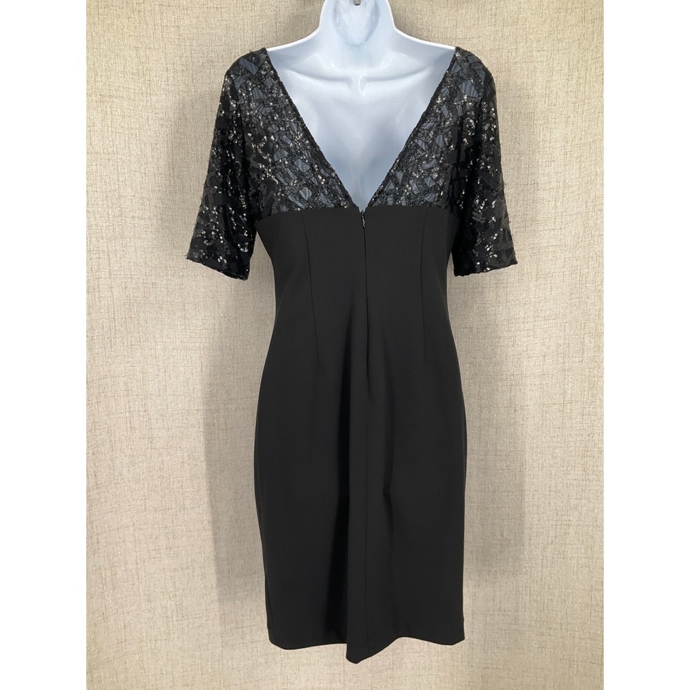 Calvin Klein Sheath Dress Women  4 Black Sequin Sleeve V-Back Cocktail Evening - Picture 2 of 13